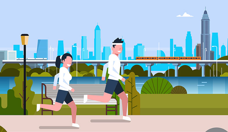 illustration of two people running in park with city background